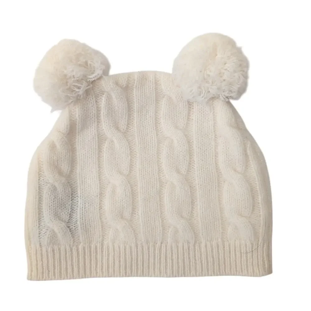 Sofia Cashmere Baby Beanie Hat Cable Knit White‎ Pom Pom 100% Cashmere Cao Soft